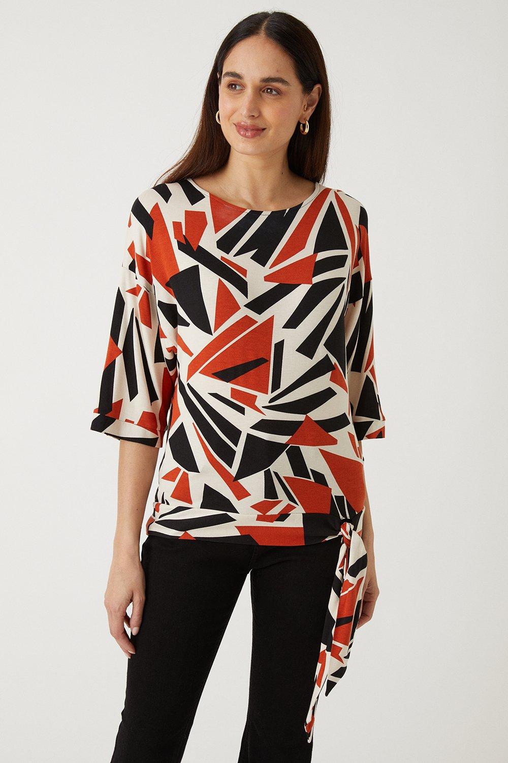 Womens Multi Abstract Tie Front Jersey Top