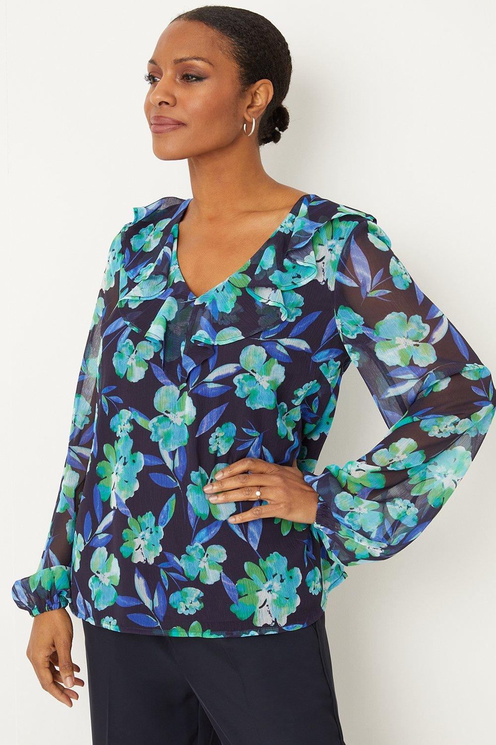 Womens Tall Floral Ruffle Front Blouse