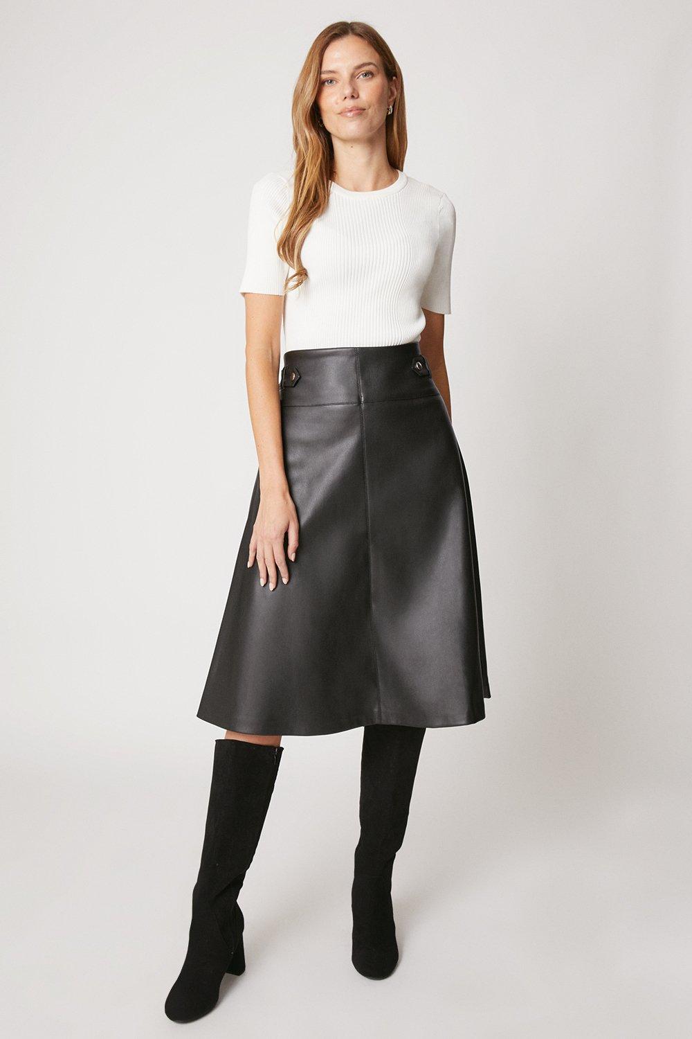 Womens Black Tab Detail Faux Leather A Line Skirt