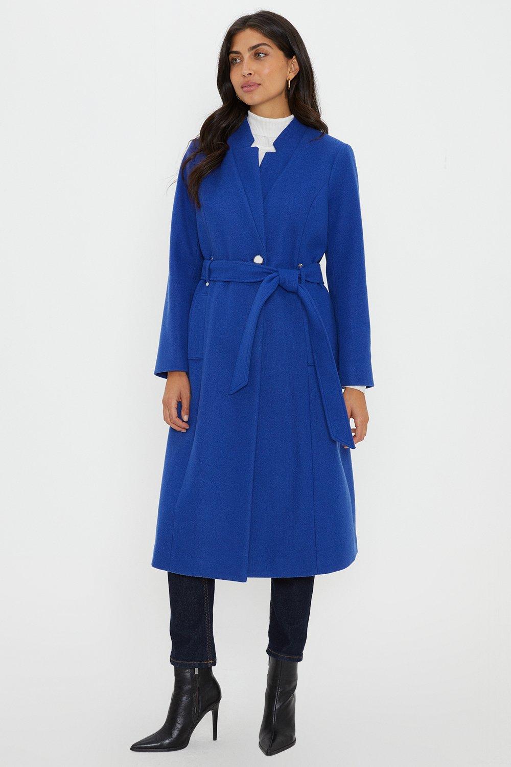 Womens Blue Collar Detail Belted Wrap Coat