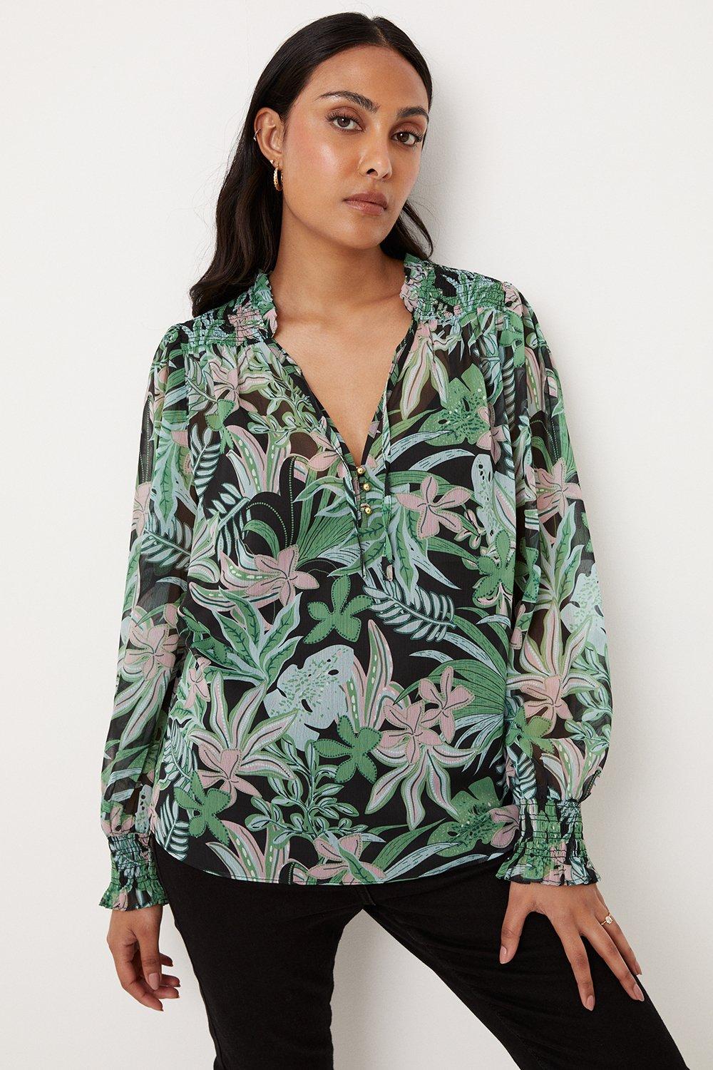 Womens Petite Green Palm Print Tie Neck Top