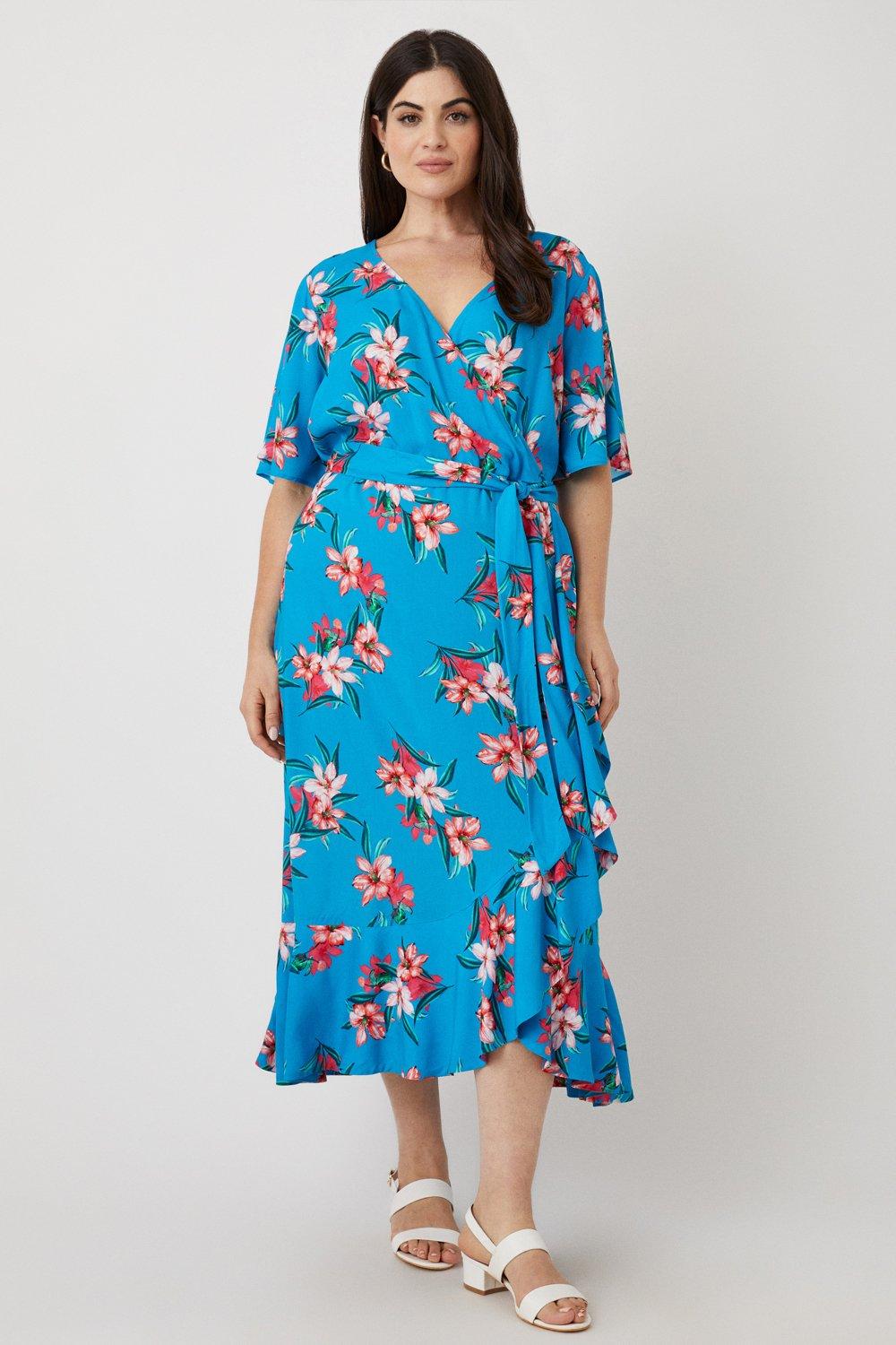 Womens Curve Blue Tropical Floral Wrap Midi Dress
