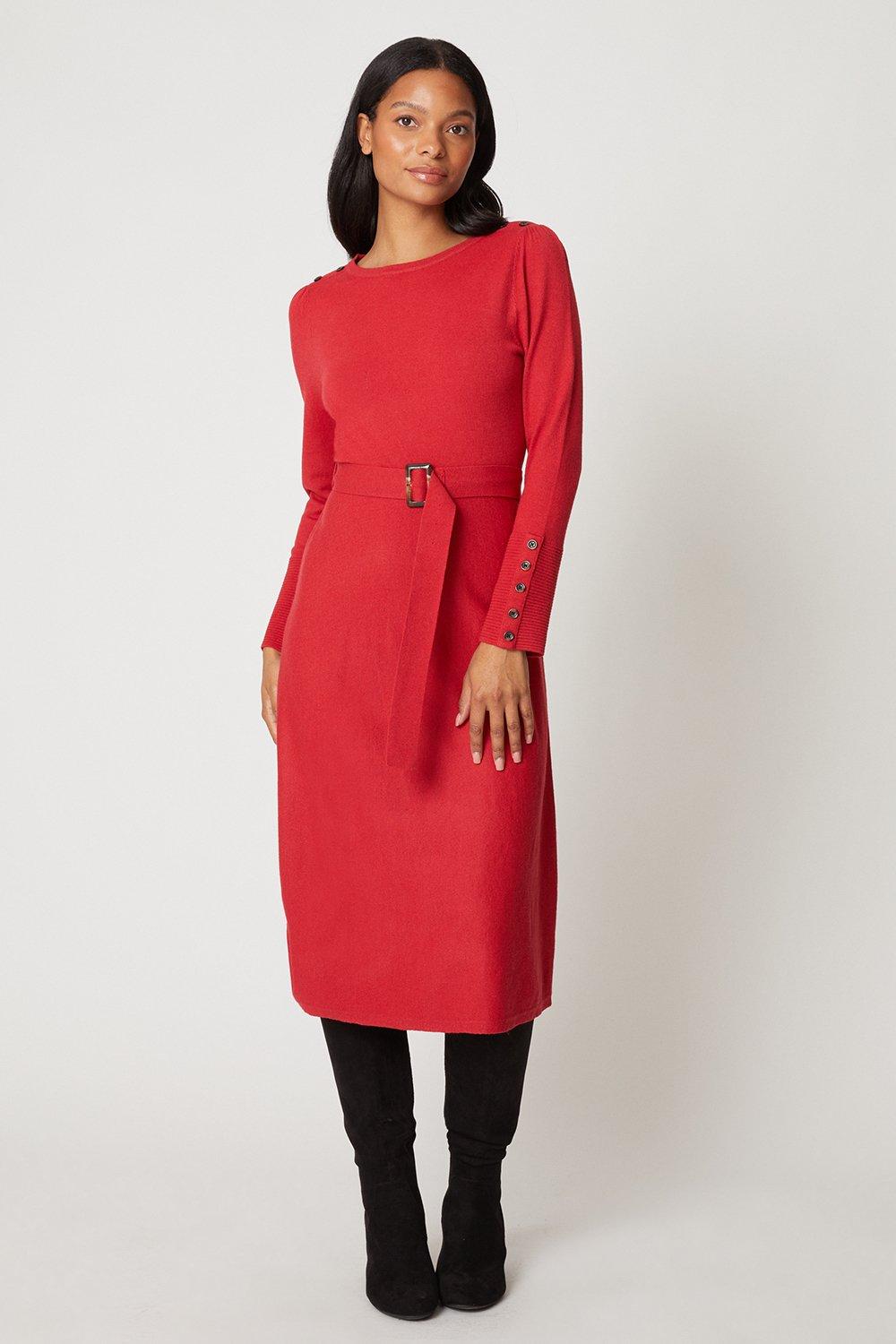 Womens Petite Red Slash Neck Belted Knitted Dress