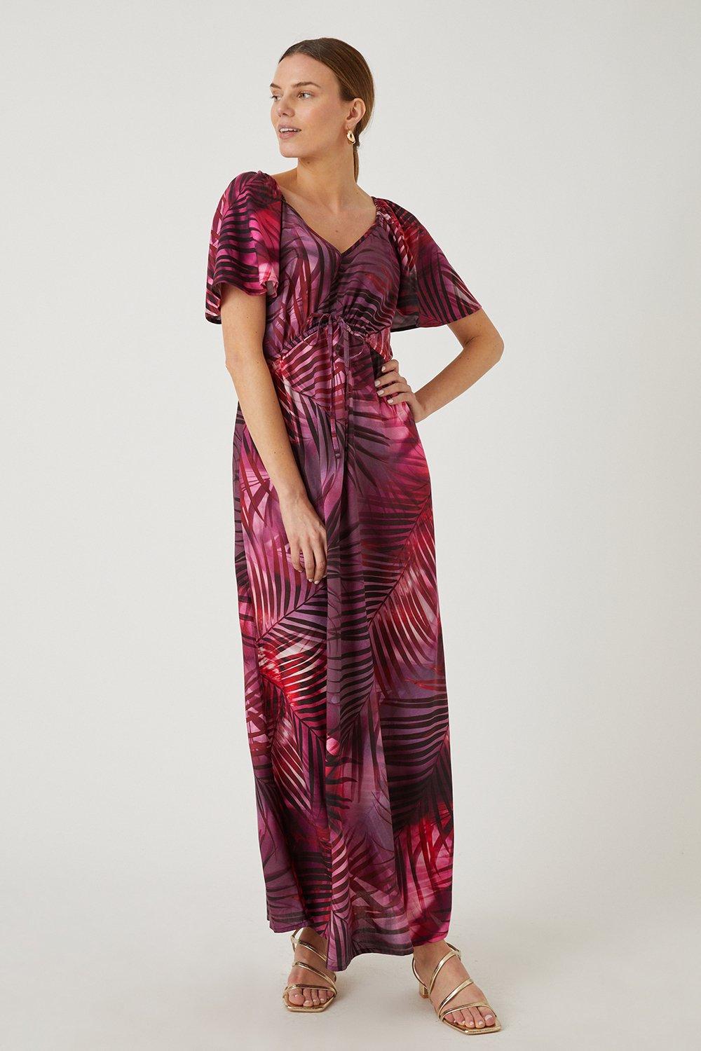 Womens Red Tropical Angel Sleeve Printed Maxi