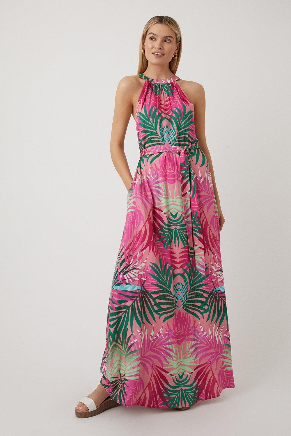 Womens Tall Pink Palm Maxi Dress