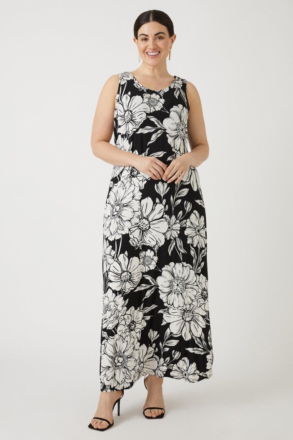 Womens Curve Mono Floral Printed Jersey Maxi Dress