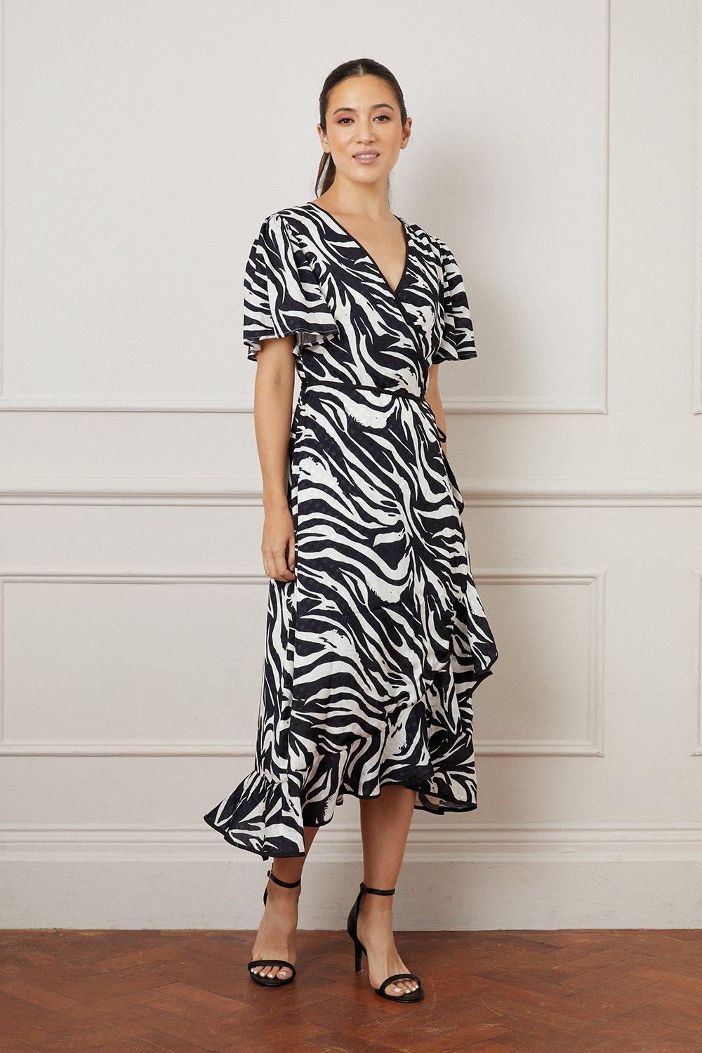 Womens Zebra Jacquard Contrast Ruffle Wrap Dress
