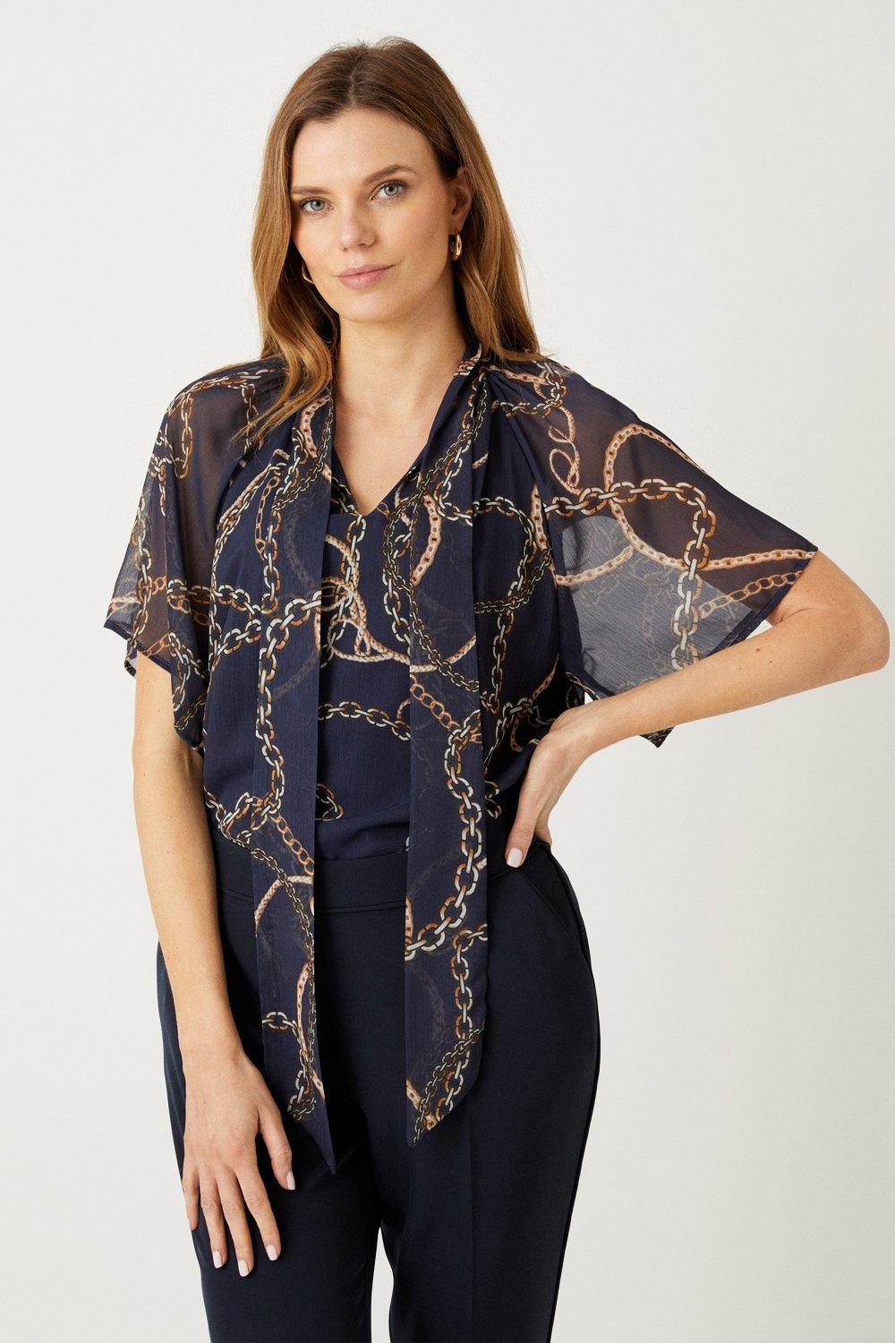 Womens Navy Chain Tie Neck Blouse