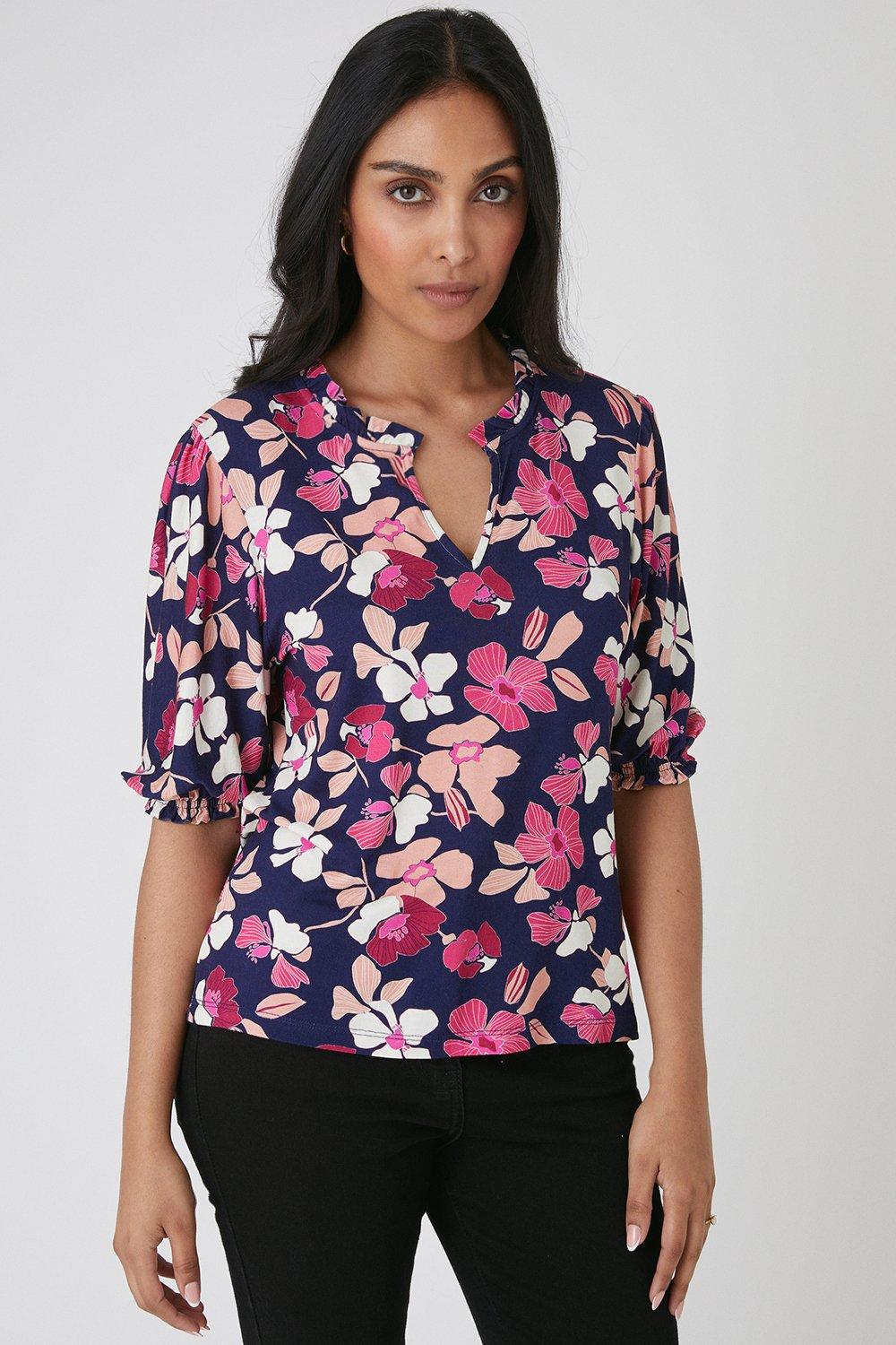 Womens Petite Navy Floral Ruched Sleeve Jersey Top