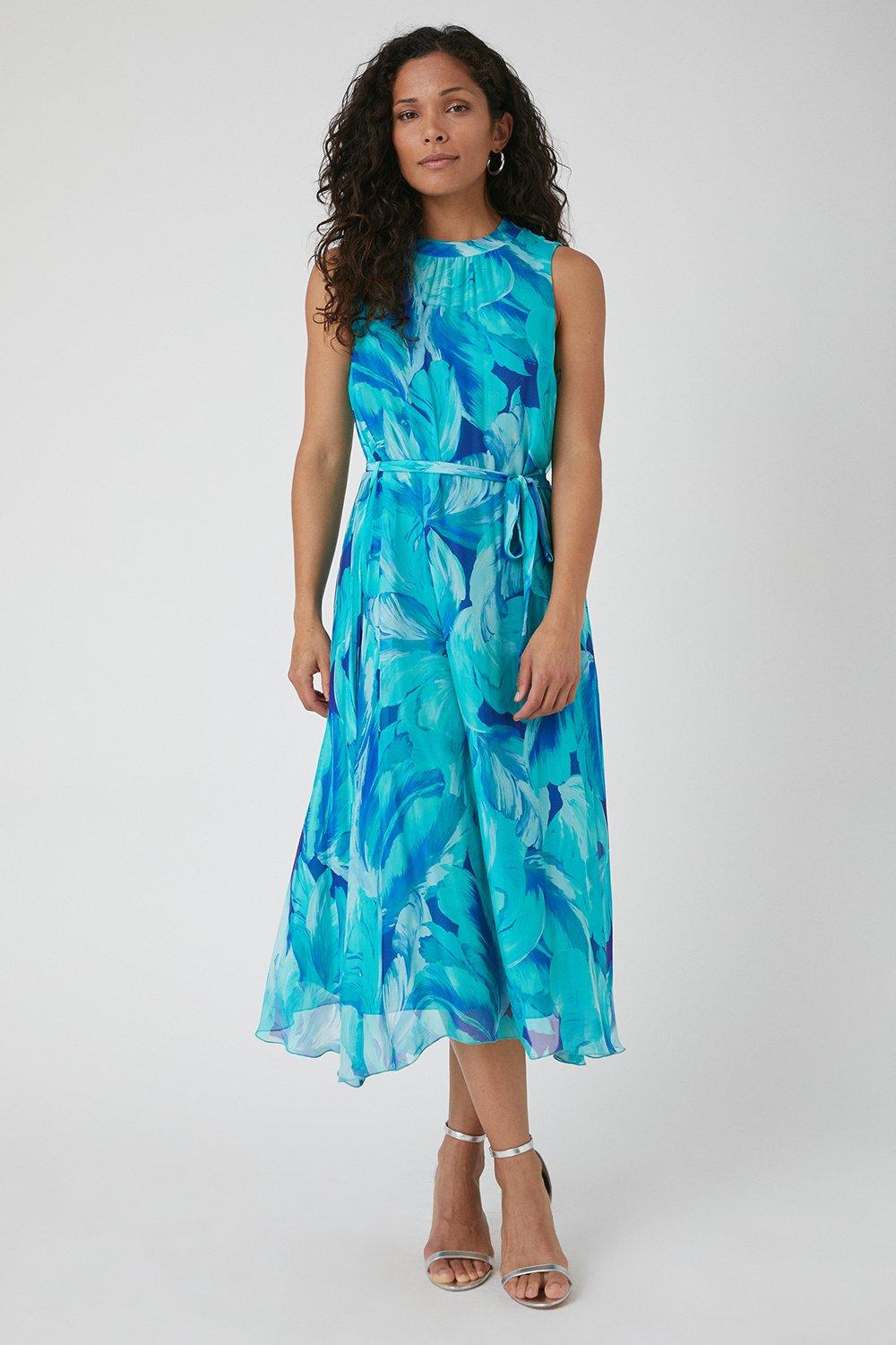 Womens Petite Feather Print Silk Mix Sleeveless Midi Dress