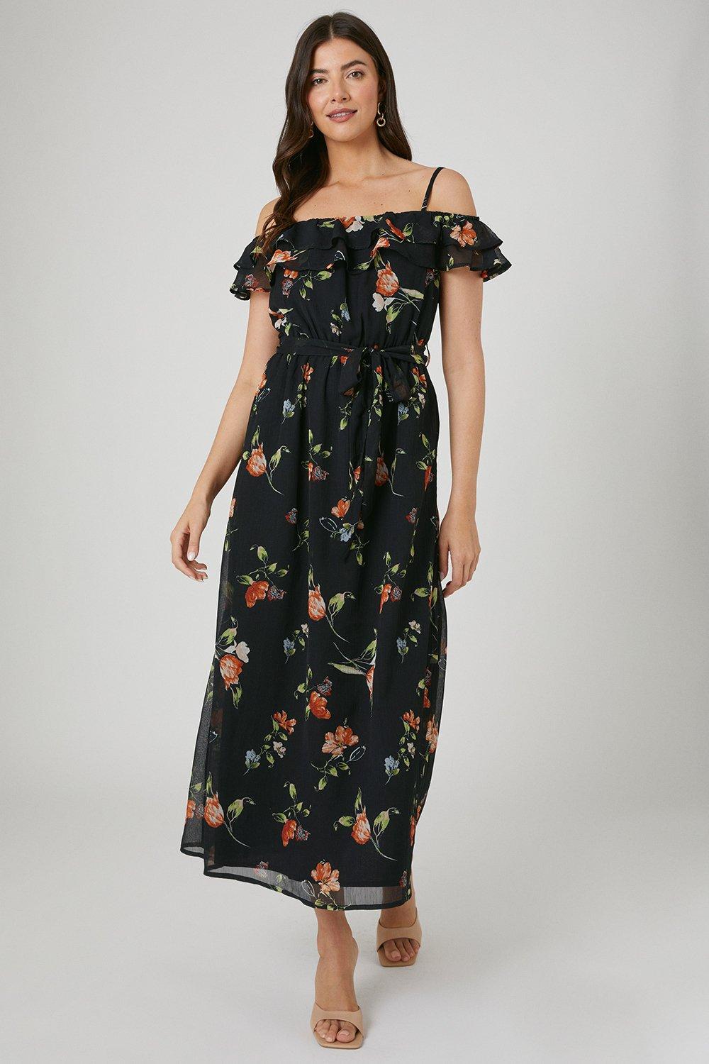 Womens Chiffon Floral Print Bardot Maxi Dress