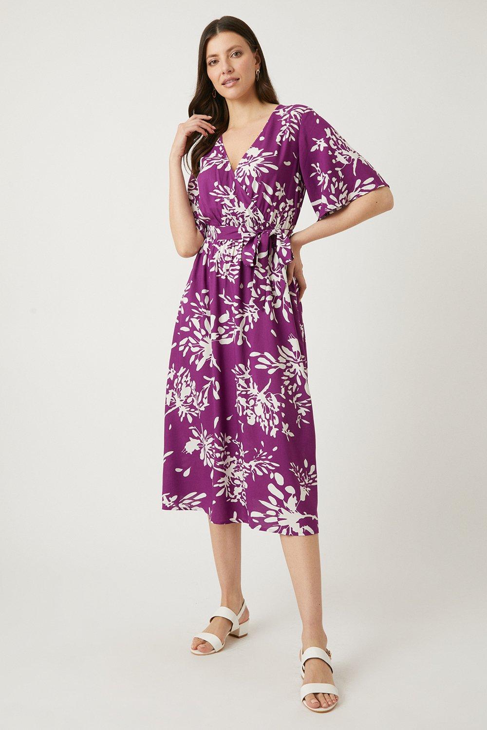Womens Purple Stencil Floral Kimono Sleeve Wrap Midi Dress