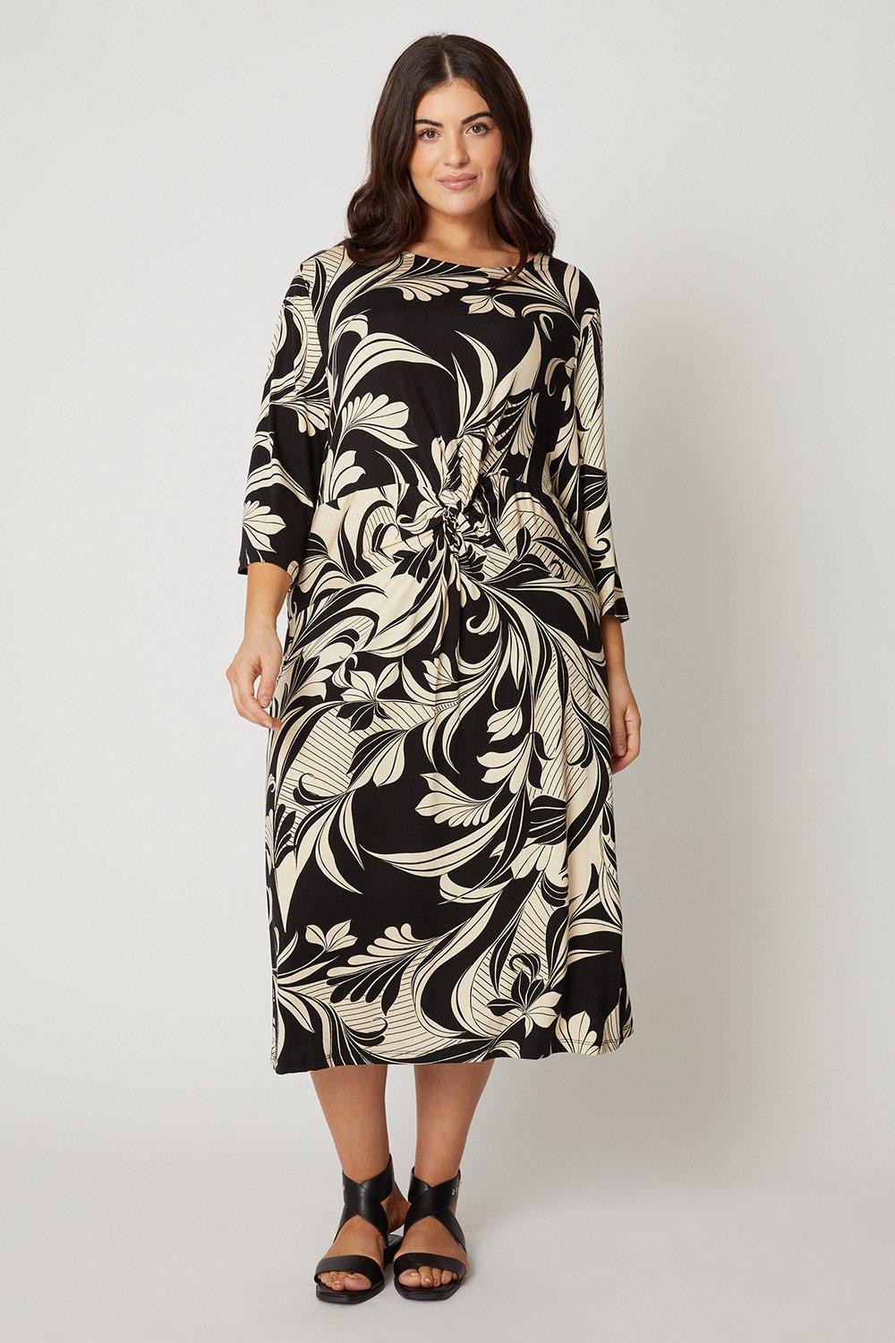 Womens Curve Mono Floral Knot Front Jersey Midi Dress