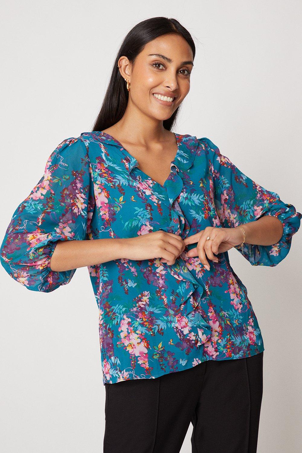 Womens Petite Teal Floral Ruffle Front Top