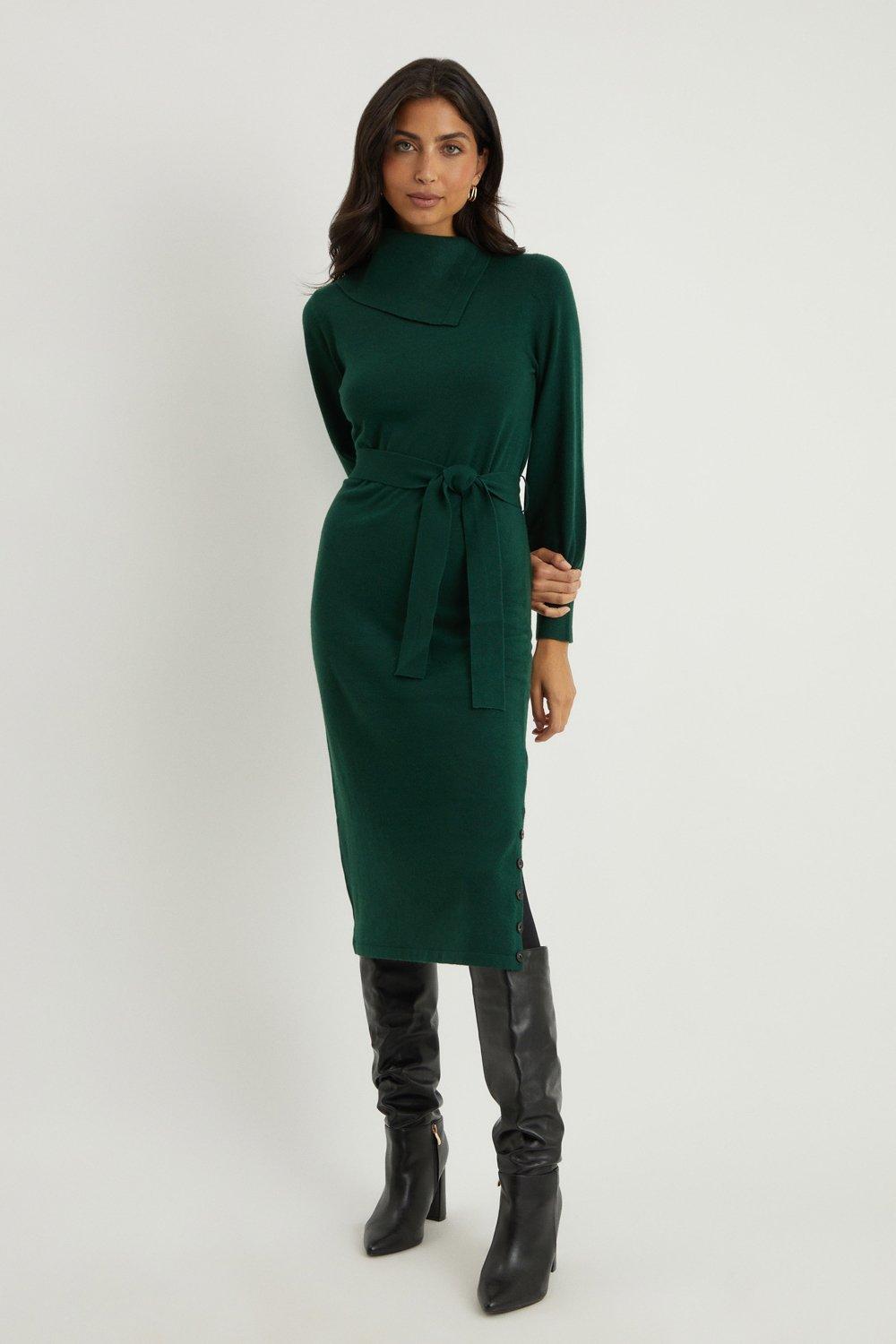 Womens Button Detail Roll Neck Belted Knitted Dress