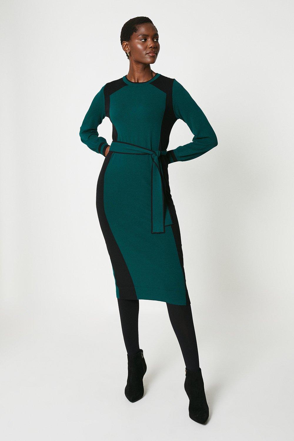 Womens Colour Block Belted Knitted Dress