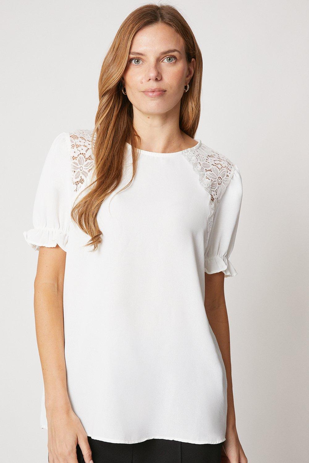 Womens Lace Insert Puff Sleeve Blouse