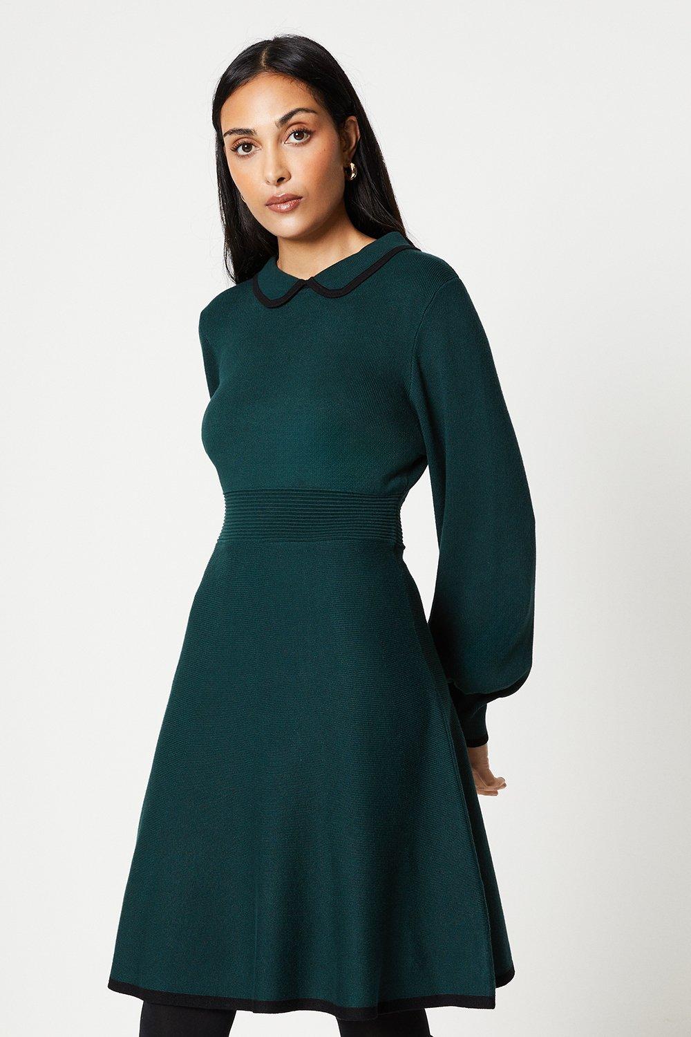 Womens Petite Tipped Knitted Dress With Collar Detail and Velvet Tie