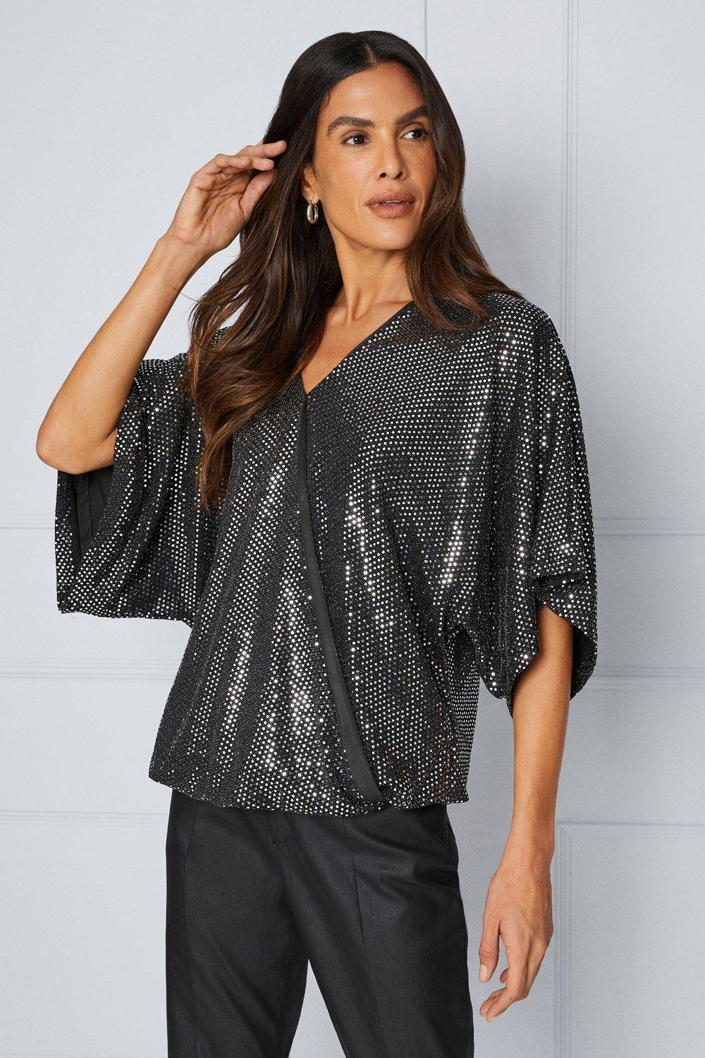 Womens Wrap Batwing Sleeve Sequin Jersey Top