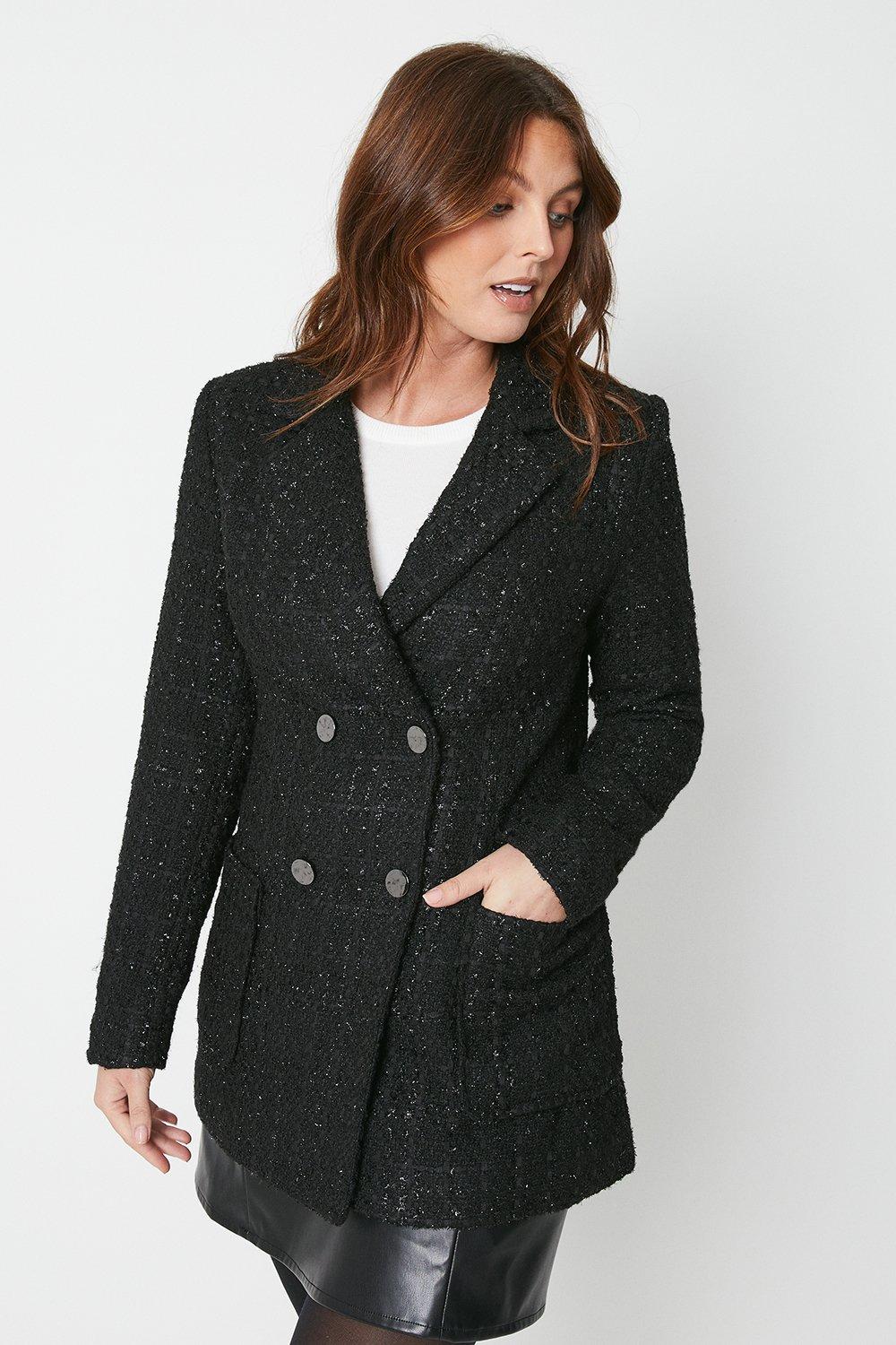 Womens Double Breasted Boucle Blazer Coat