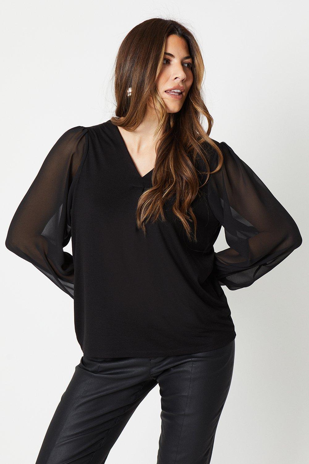 Womens Woven Shirred Sleeve Jersey Top