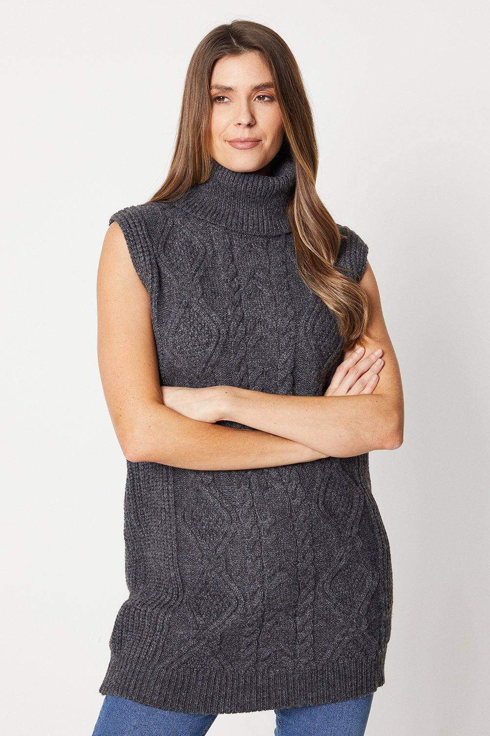 Womens Cable Knit Roll Neck Longline Tabard