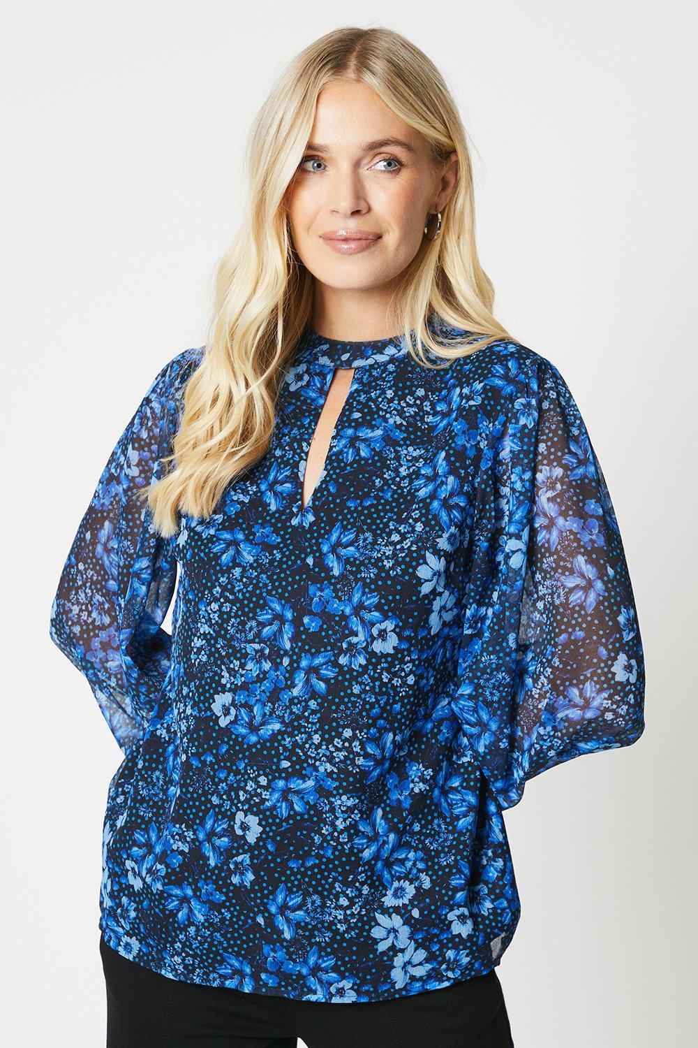 Womens Petite Ditsy Floral Volume Sleeve Blouse