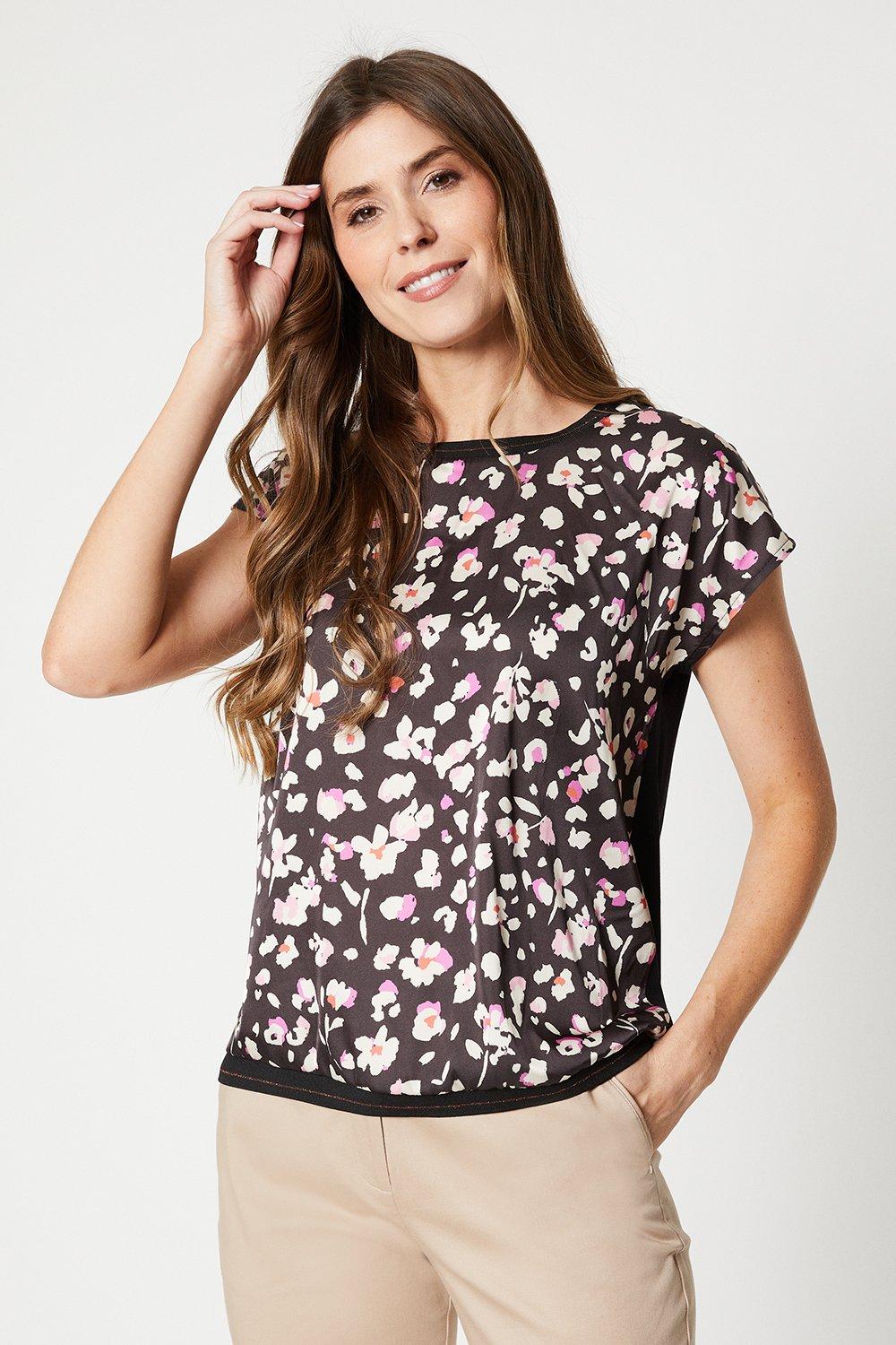 Womens Floral Woven Front Jersey Back Top