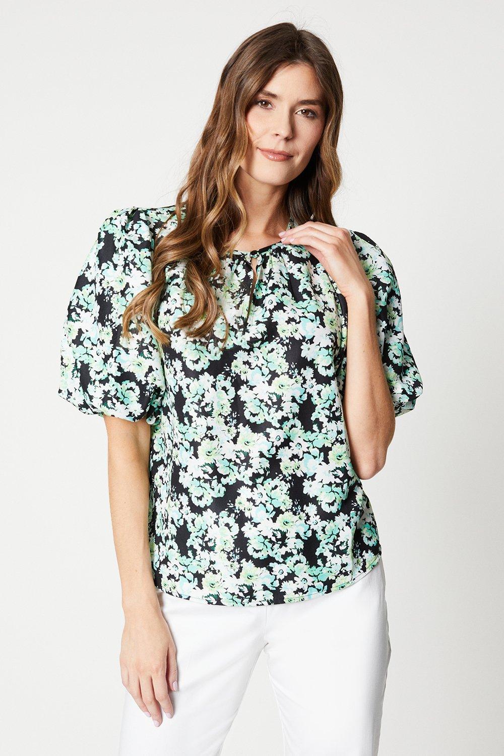 Womens Floral Print Voile Puff Sleeve Top
