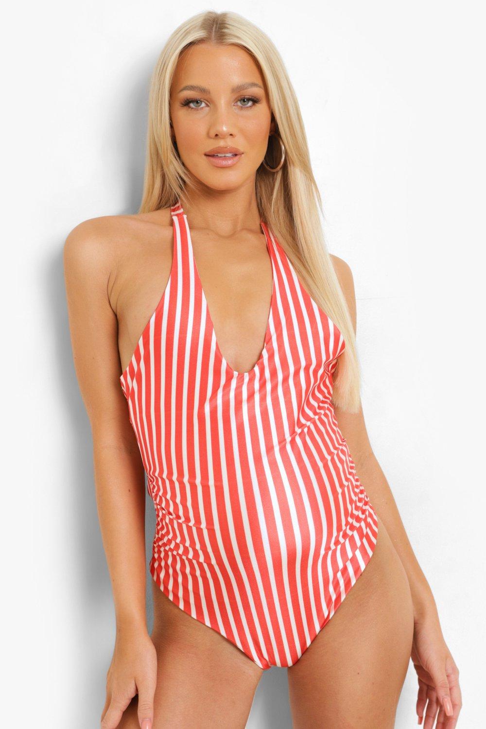 Womens Maternity Stripe Halterneck Swimsuit - Red - 10, Red
