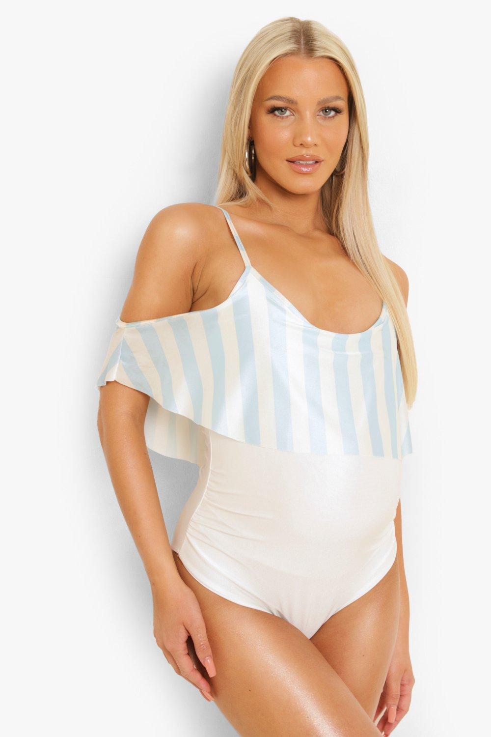Womens Maternity Contrast Stripe Overlay Swimsuit - Blue - 12, Blue