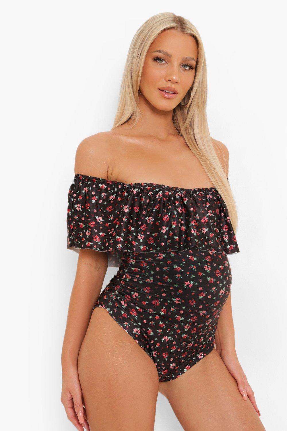 Womens Maternity Ditsy Floral Bardot Swimsuit - Black - 10, Black