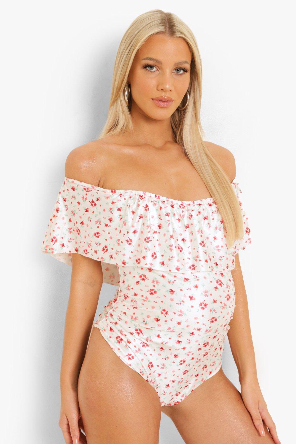 Womens Maternity Ditsy Floral Bardot Swimsuit - White - 16, White