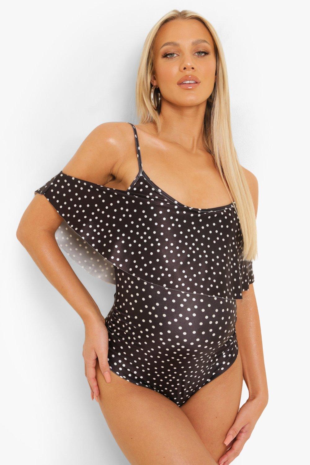 Womens Maternity Polka Dot Cold Shoulder Swimsuit - Black - 12, Black