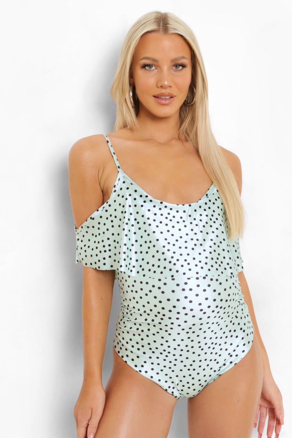 Womens Maternity Polka Dot Cold Shoulder Swimsuit - Green - 10, Green
