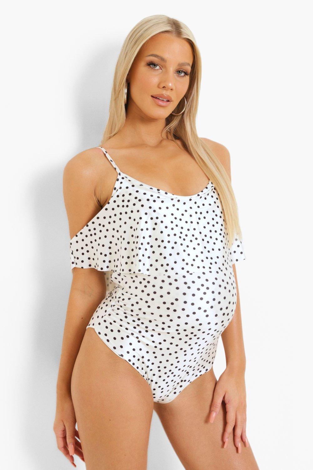 Womens Maternity Polka Dot Cold Shoulder Swimsuit - White - 8, White
