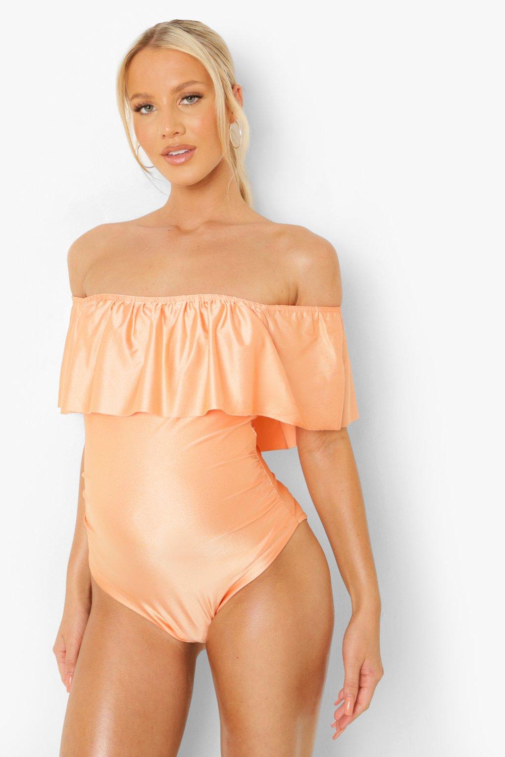 Womens Maternity Bardot Overlay Swimsuit - Orange - 8, Orange