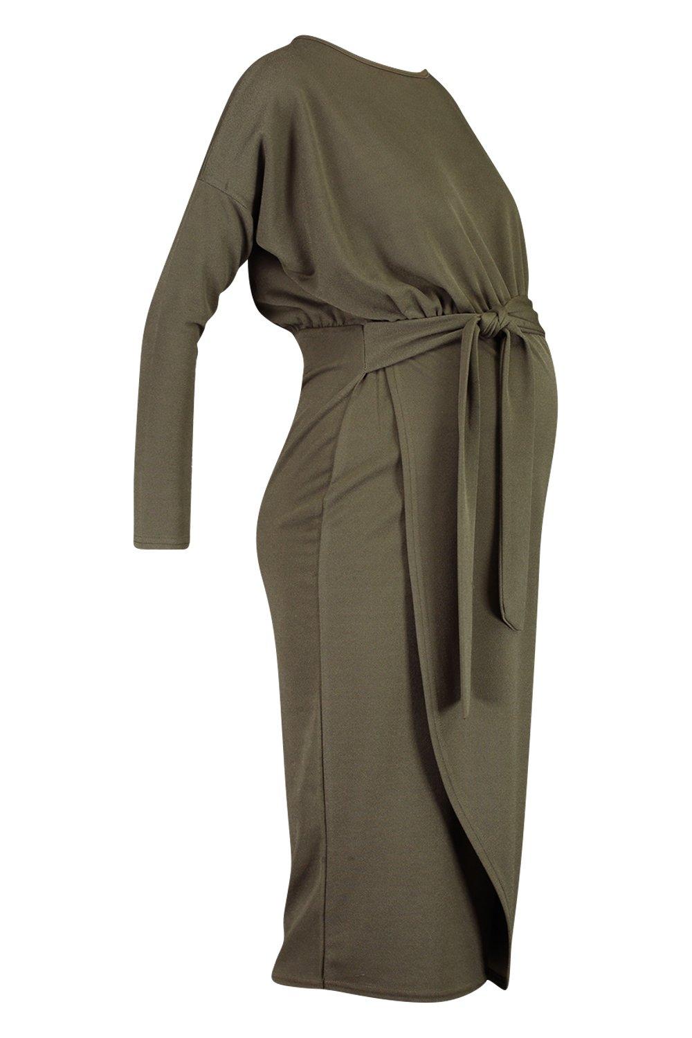 

Maternity Long Sleeve Tie Side Midi Dress, Khaki