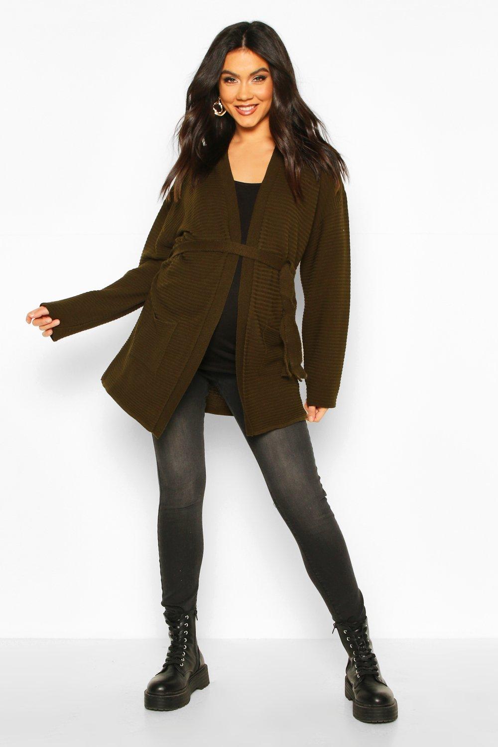 

Maternity Rib Knit Pocket Tie Waist Cardigan, Stone