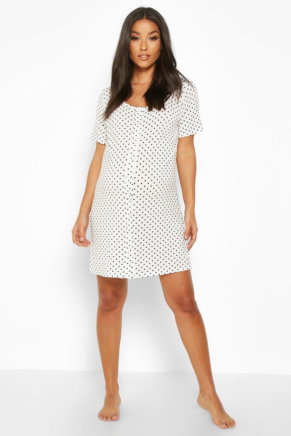 Womens Maternity Polka Dot Button Front Nightie - White - 16, White