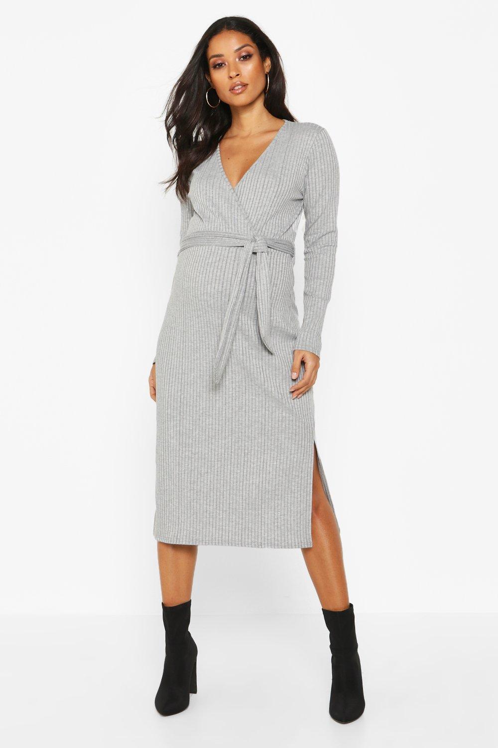 ribbed wrap midi dress