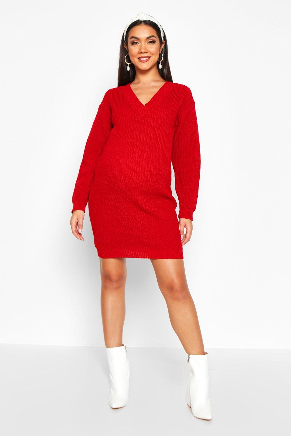 red v neck sweater dress