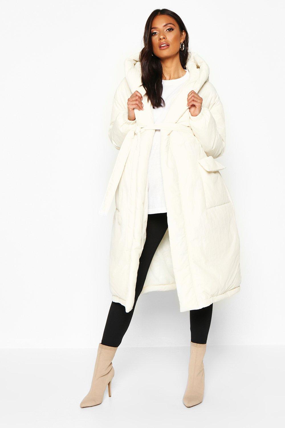 belted padded coat with hood