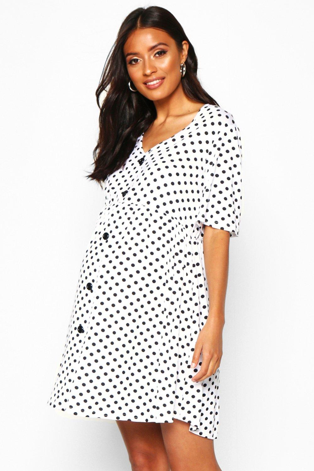 white polka dot smock dress