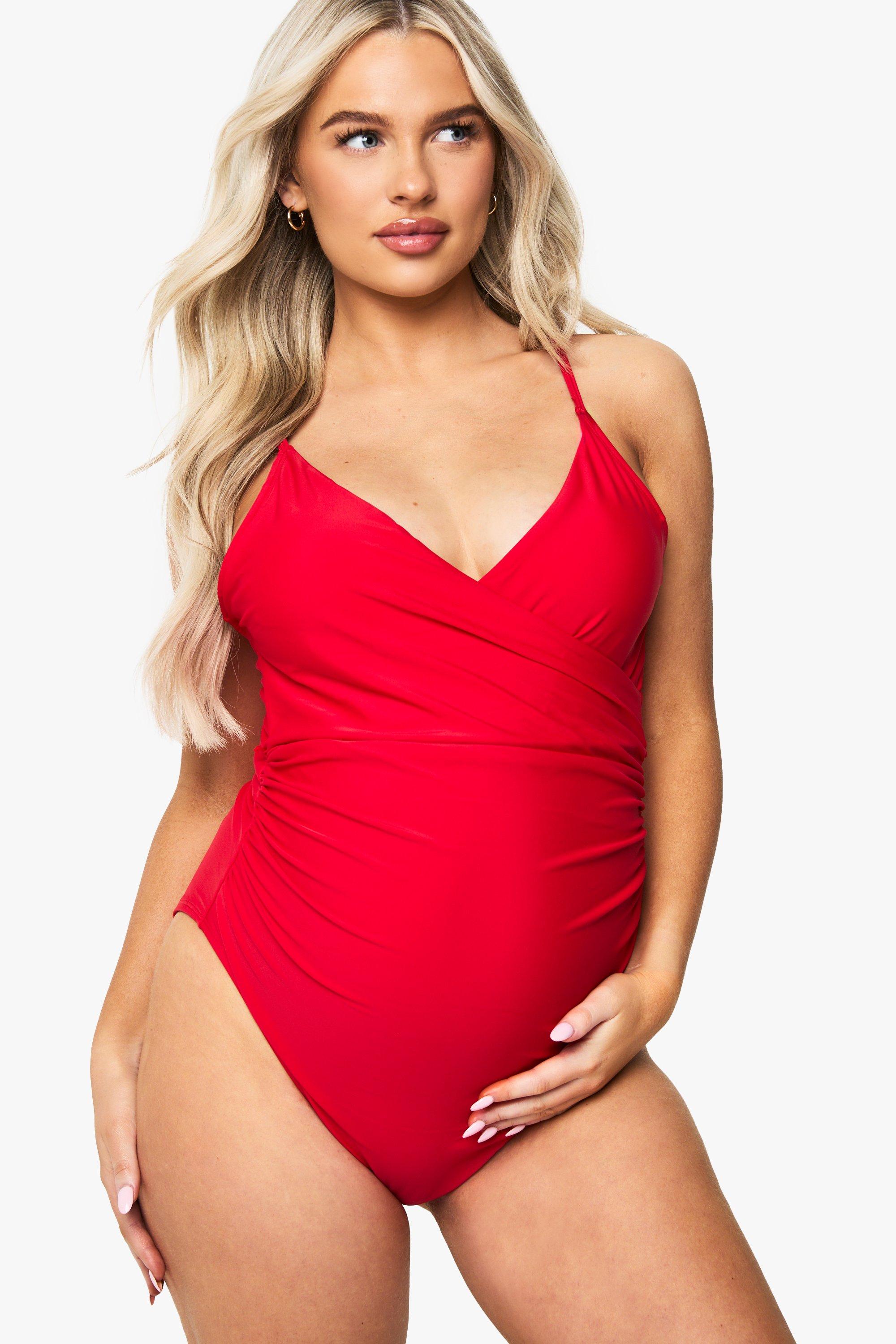 Womens Maternity Bump Control Wrap Over Swimsuit - Red - 8, Red