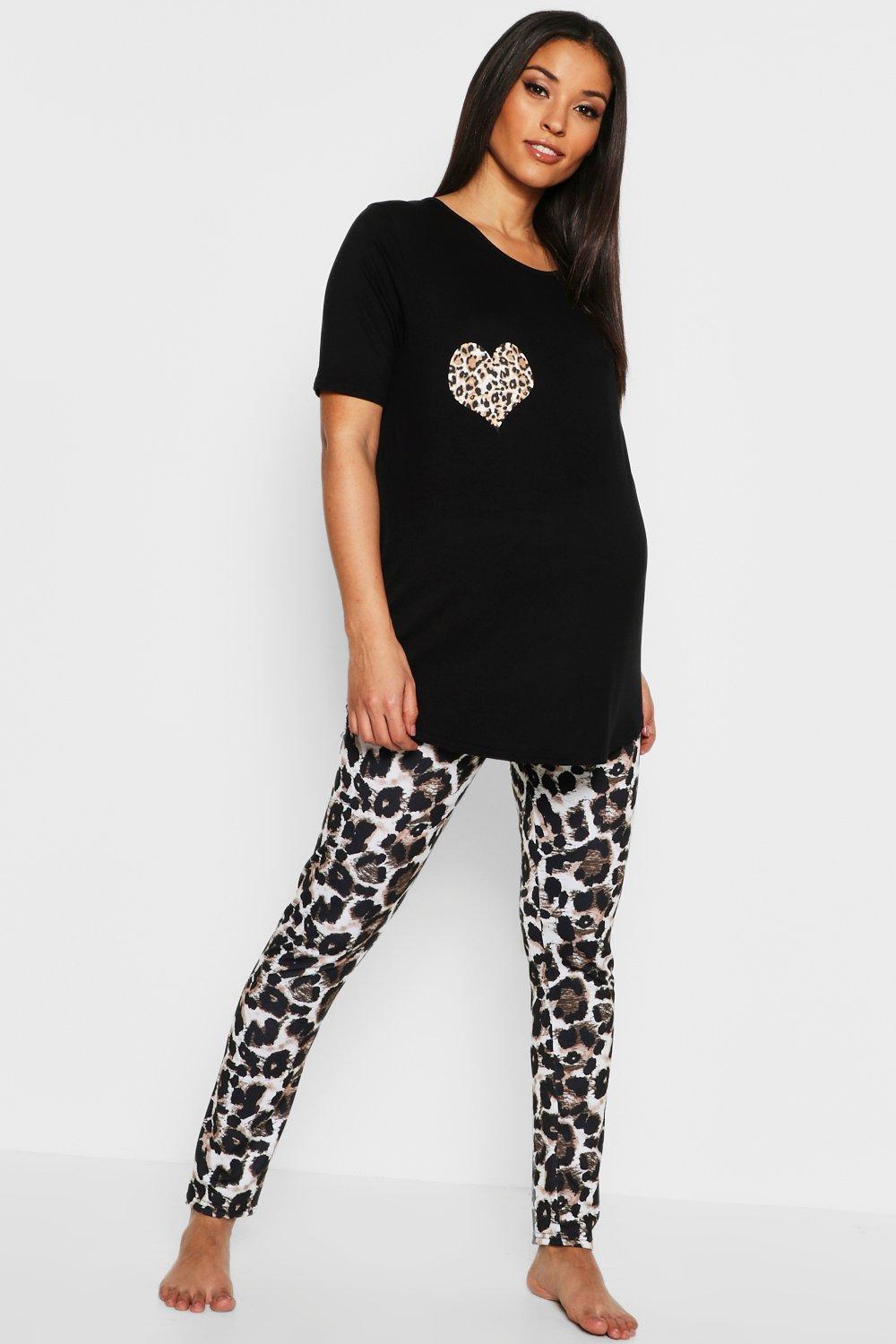 Womens Maternity Leopard Heart Pyjama Set - Black - 8, Black