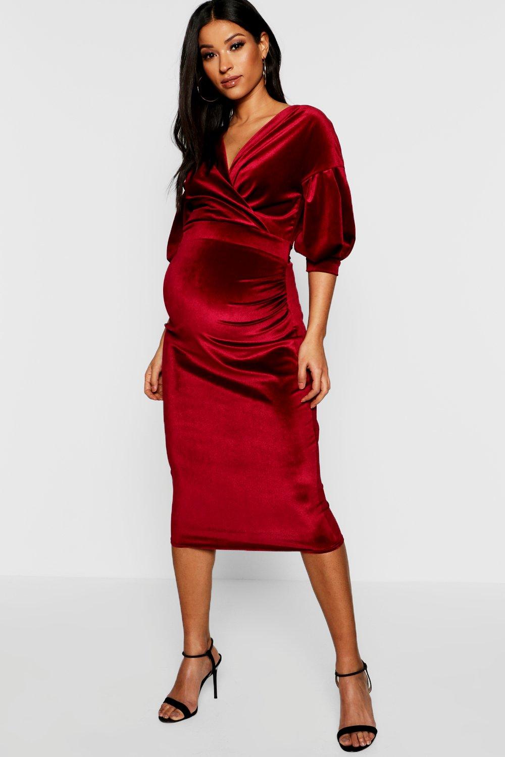 maternity off the shoulder wrap midi dress