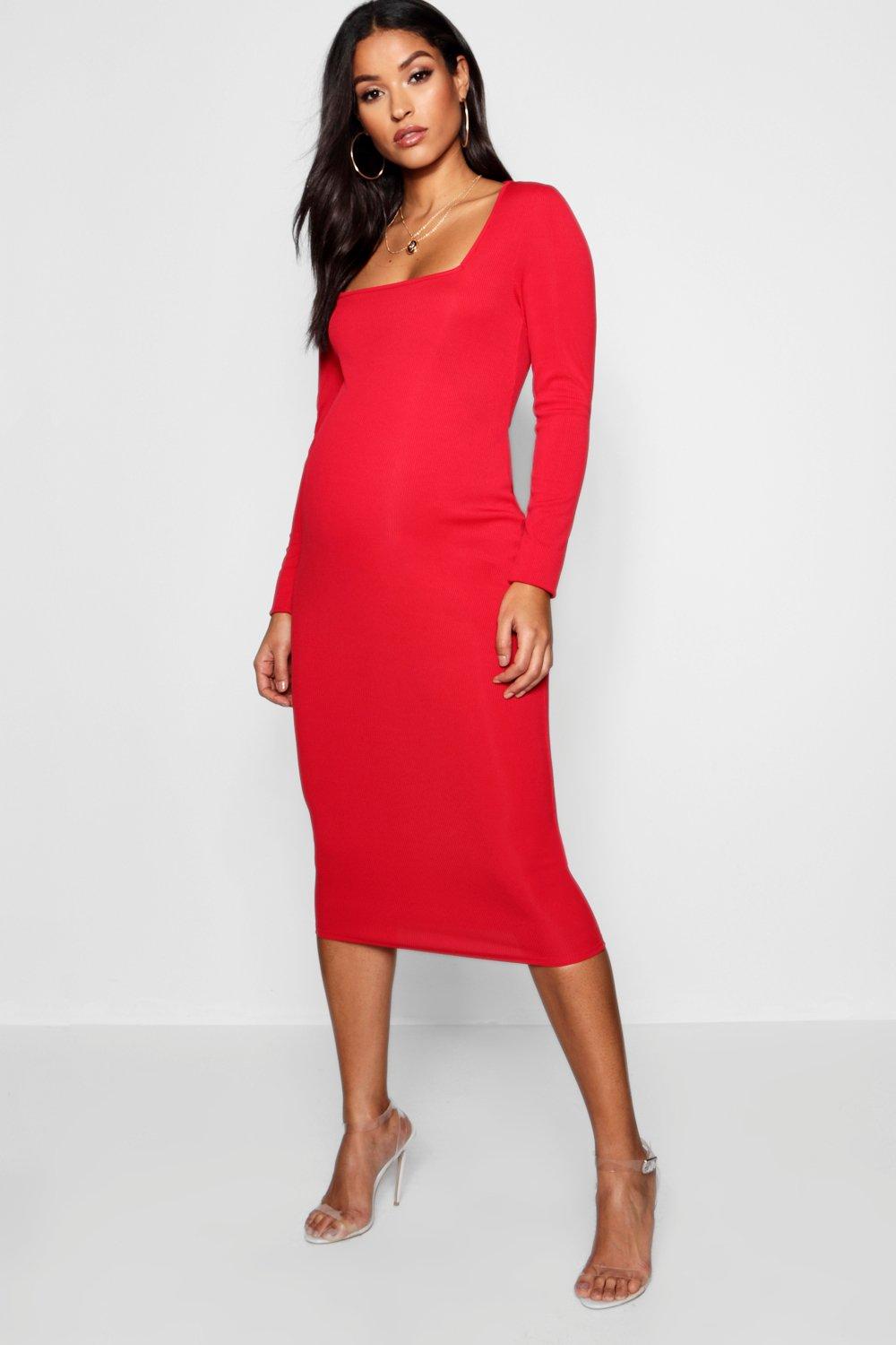 red square neck dress long sleeve