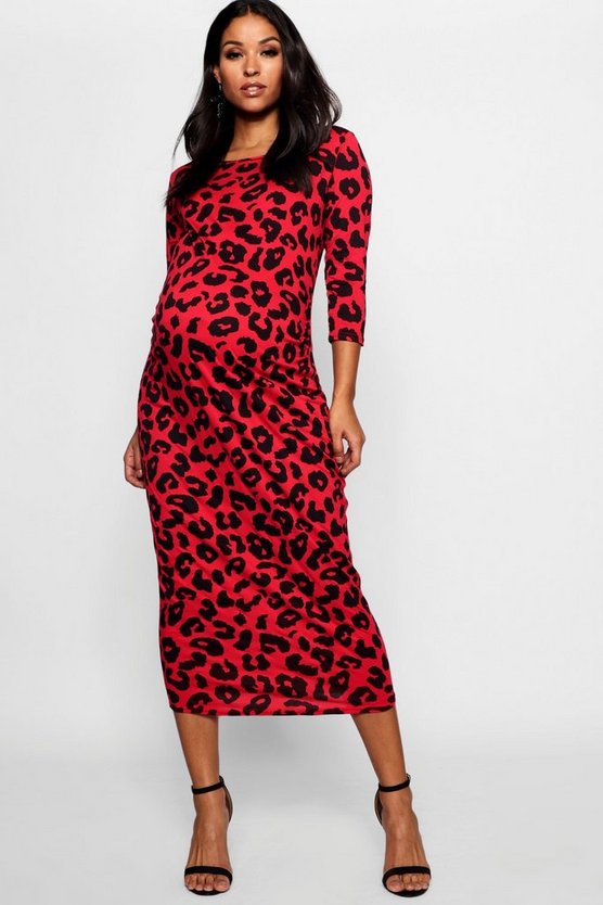 Maternity Leopard Print 3/4 Sleeve Midi Dress | Boohoo