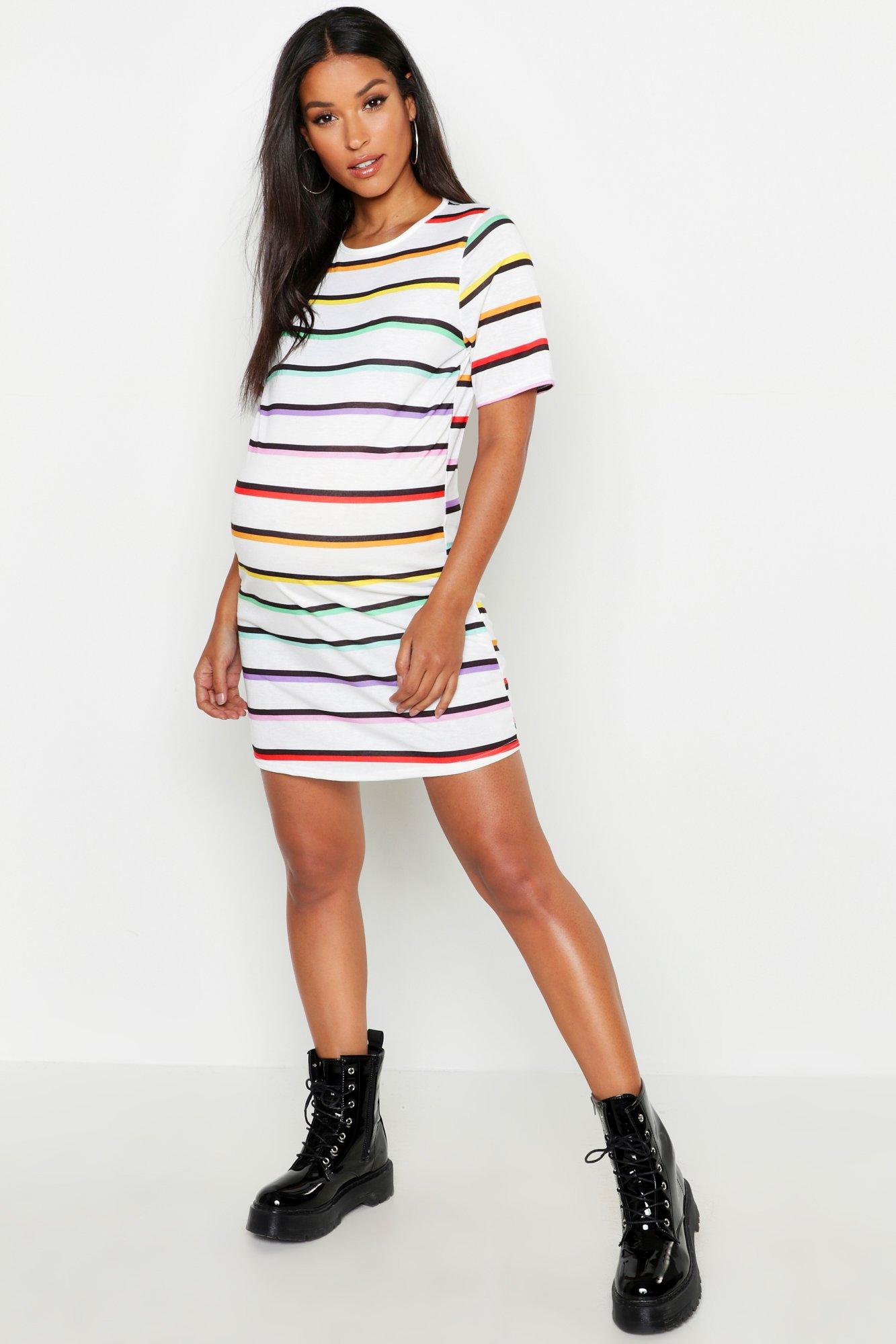 white rainbow stripe t shirt dress